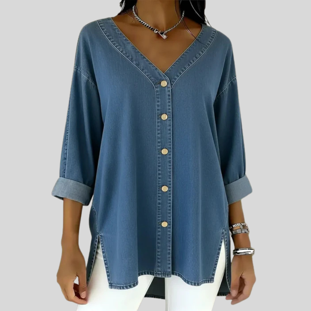 Wenelle™ | V-Neck Denim Shirt