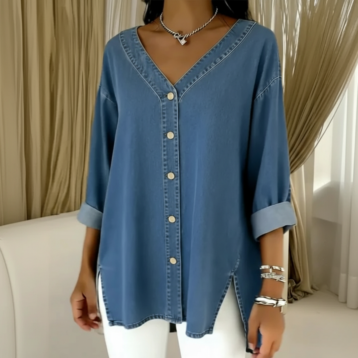 Wenelle™ | V-Neck Denim Shirt
