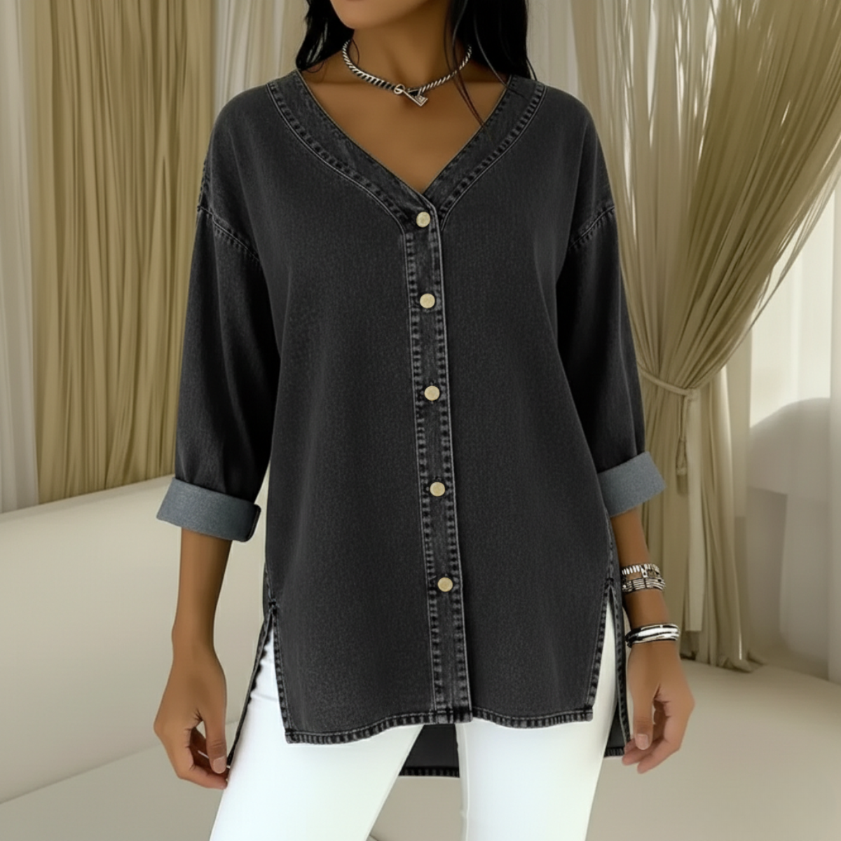 Wenelle™ | V-Neck Denim Shirt