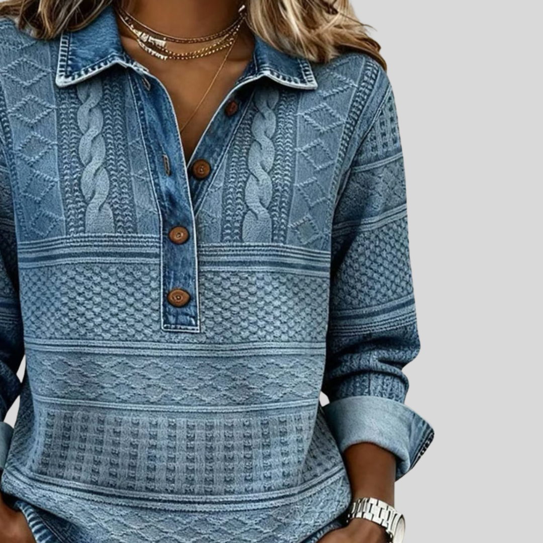 Velmora™ - Textured Knit Button-Collar Top