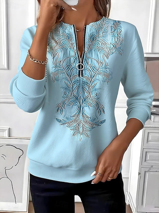 Helen | Elegant Half-Zip Embroidered Top