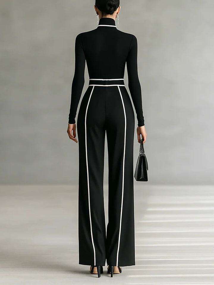 Refined High-Neck Top & Wide-Leg Pants Set (Free Belt)